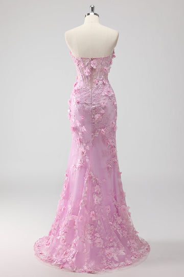 Lilas sans bretelles Coset Applique Sirène Robe de soirée Longue avec Fente